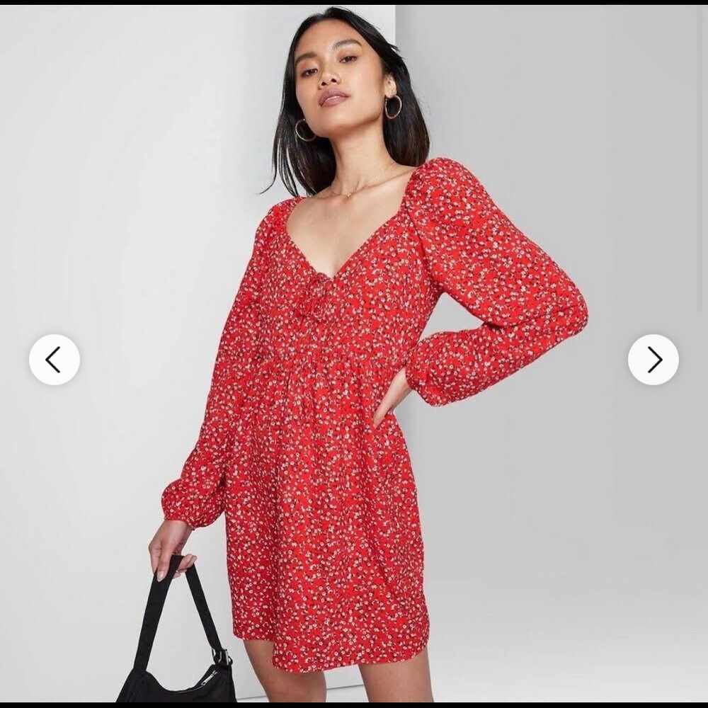Wild fable red floral puff sleeve dress L